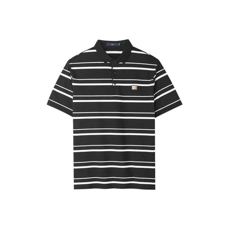 HLA Color Block Embroidery Lapel Stretch Chiffon Short Sleeved Polo Shirt Men's Black Stripes-0