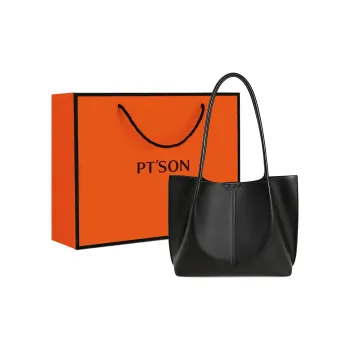 PT'SON Cow Leather Portable Underarm Shoulder Bag, Mother Daughter Tote Regular Women's Extreme Night Black