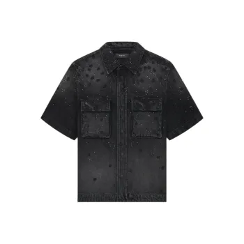AMIRI Floral Crystal Denim Short Sleeve Shirt Shirt Men's Black
