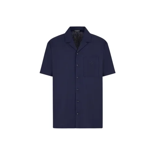 EMPORIO ARMANI Short Sleeved Linen Blend Beachwear Shirt Men's Blue