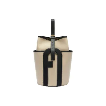 Furla Fabric Bucket Bag Handbag Medium Size Women's Black & Beige