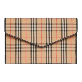 Burberry Cow Leather With Fabric Envelope Bag Coin Purse, Clutch Women's Camel