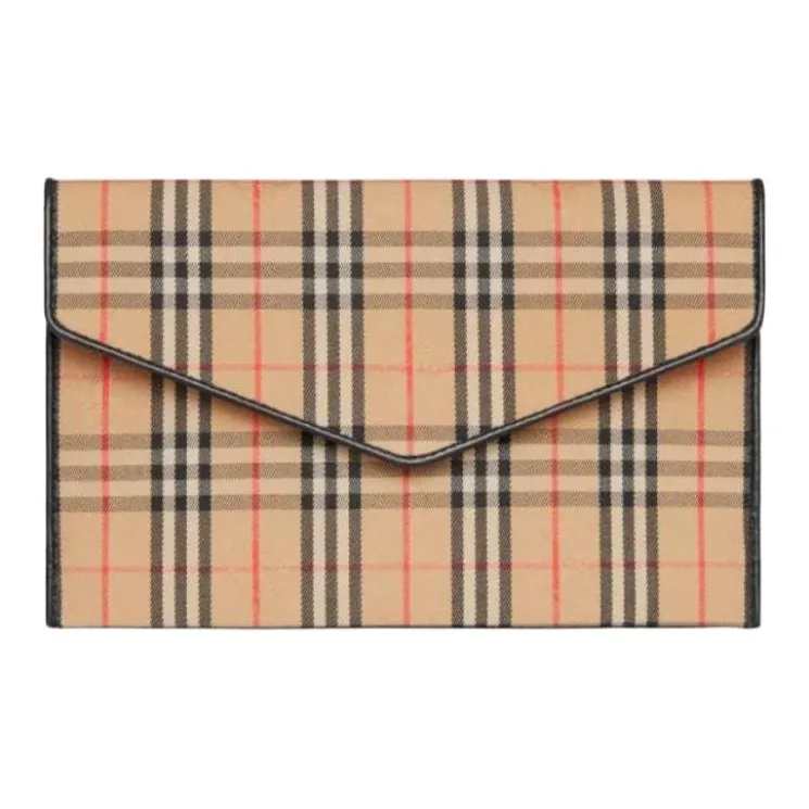 Burberry Cow Leather With Fabric Envelope Bag Coin Purse, Clutch Women's Camel-0