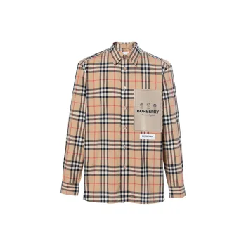 Burberry Men Label Applique Check Cotton Poplin Shirt Archive Beige