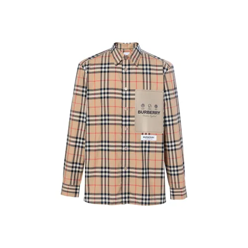 Burberry Men Label Applique Check Cotton Poplin Shirt Archive Beige