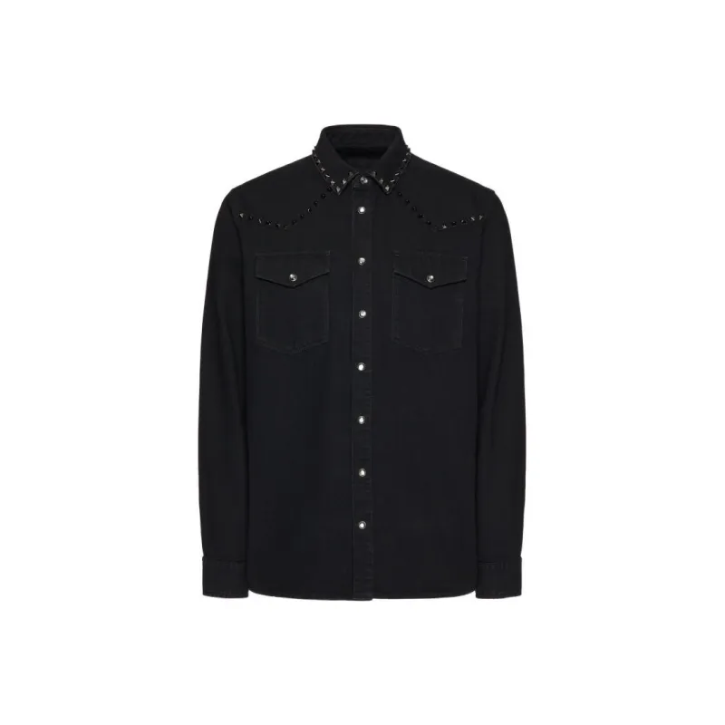 Valentino Stud Embellished Long Sleeved Denim Shirt-0