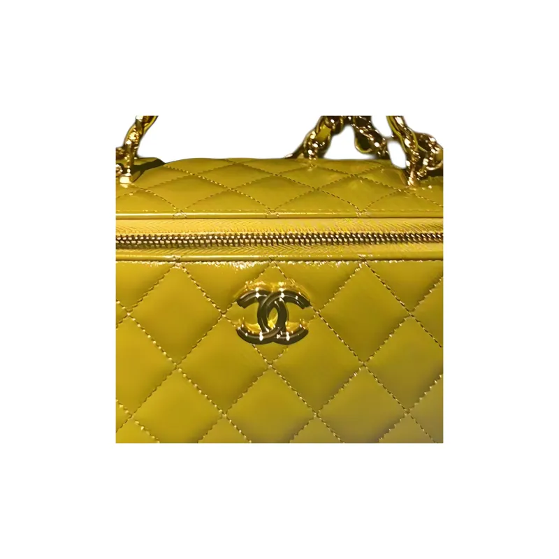 CHANEL Oil Wax Sheepskin Box Bag, Makeup Bag, Handbag, Shoulder Bag, Crossbody Bag, Clutch Women's Yellow-3