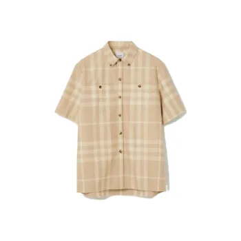 Burberry SS23 Check Stripe Single Breasted Collar Short Sleeve Shirt Beige
