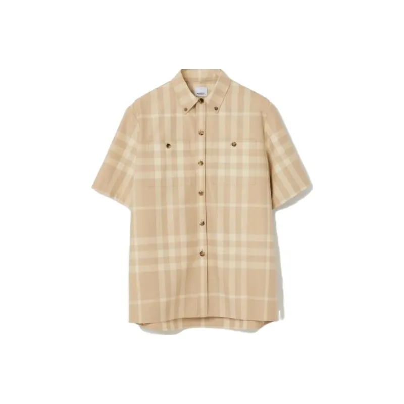Burberry SS23 Check Stripe Single-Breasted Collar Short Sleeve Shirt Beige-0
