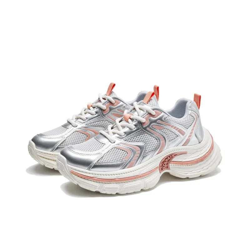 Warrior Anti Slip And Wear Resistant Height Increasing Low Top Chunky Sneakers Women's Silver Orange Pink-3