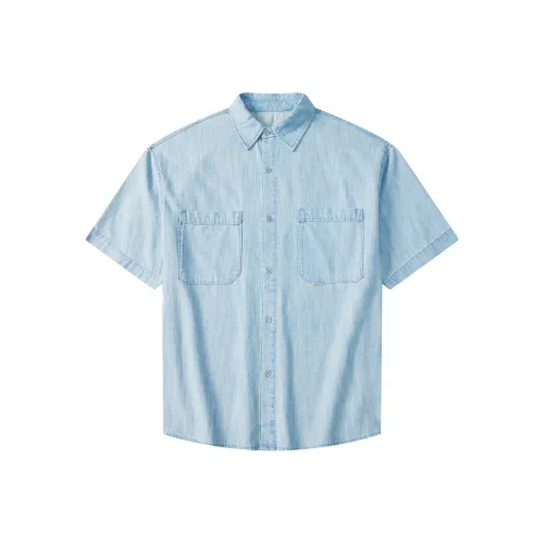 A.B.X Wide-Legged Patch Pocket Short-Sleeved Denim Shirt Unisex Light Blue