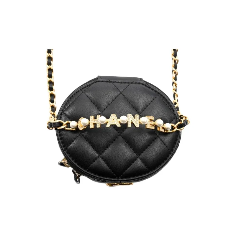 CHANEL Lambskin One Shoulder Crossbody Portable Makeup Bag Mini Women's Black-4