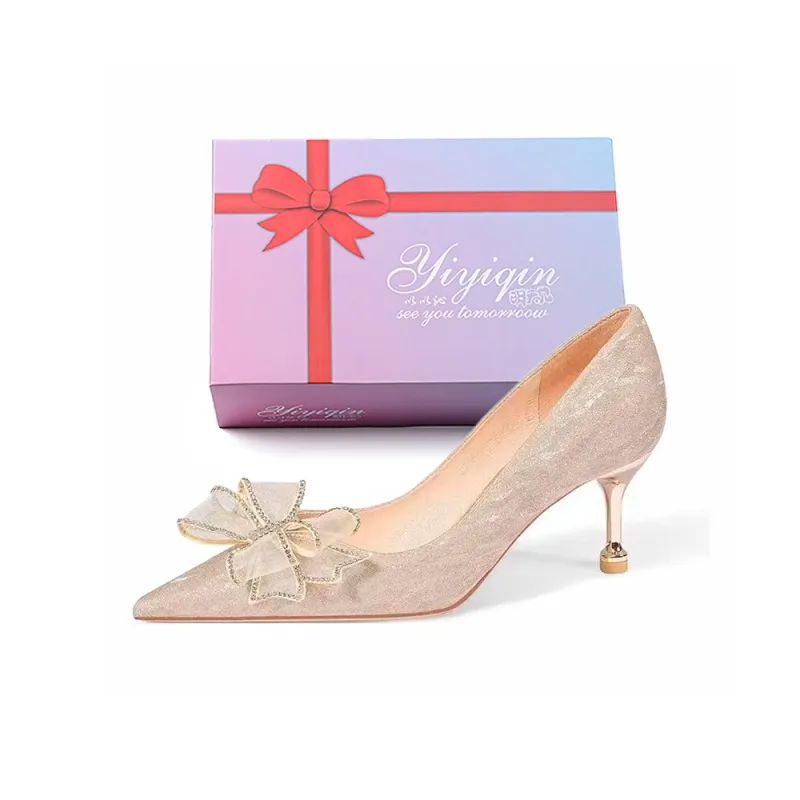 Take The Qin Slim Heel High Heels Women's Champagne Gold Gift Box Set-5