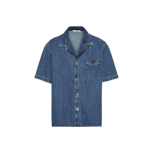 Valentino Logo Plaque Short Sleeved Denim Shirt