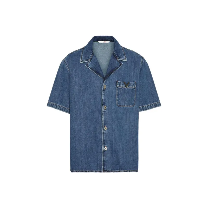 Valentino Logo Plaque Short Sleeved Denim Shirt-0