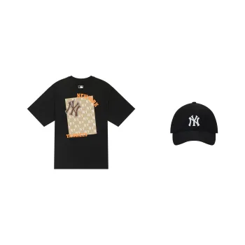 MLB Monogram Crew Neck Short Sleeved T Shirts Classic Large Star Same Style Sun Hat Combination Couple Unisex Black