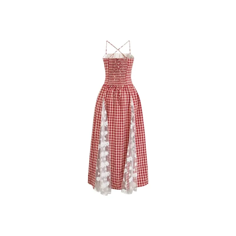 DOKZB Slip Dress Women's Red White Plaid-1