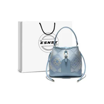 ESNSY Zhuang Brocade With Cow Leather Handbag Women's Blue