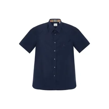 Burberry FW22 Men's Logo Embroidered Button Up Short Sleeve Shirt Navy