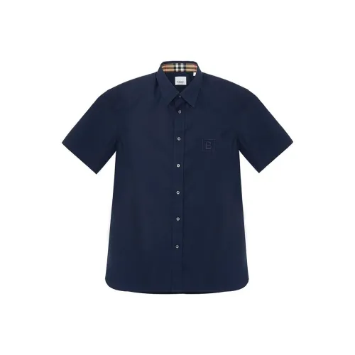Burberry FW22 Men's Logo Embroidered Button Up Short Sleeve Shirt Navy