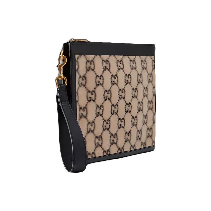 GUCCI Wool Patchwork Leather Clutch Regular Unisex Beige/Black-2