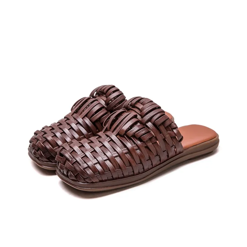 PLO CART Rubber Sole Stitching Leather Patchwork Cut Out Woven Wrap toe Slippers Women's-6