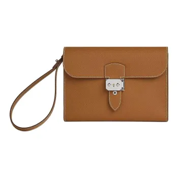 HERMES Sac A Depeches Epsom Calfskin Clutch Men's 37 Gold Brown
