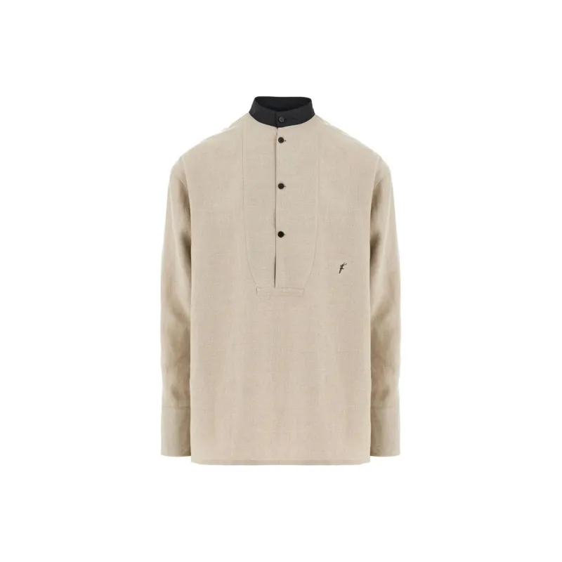 Ferragamo Collarless Logo-embroidery Linen Shirt-0