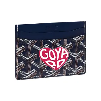 GOYARD Saint-Sulpice Canvas With Leather Card Clip Card Holder Unisex Marine Blue With Peach Red Small Heart