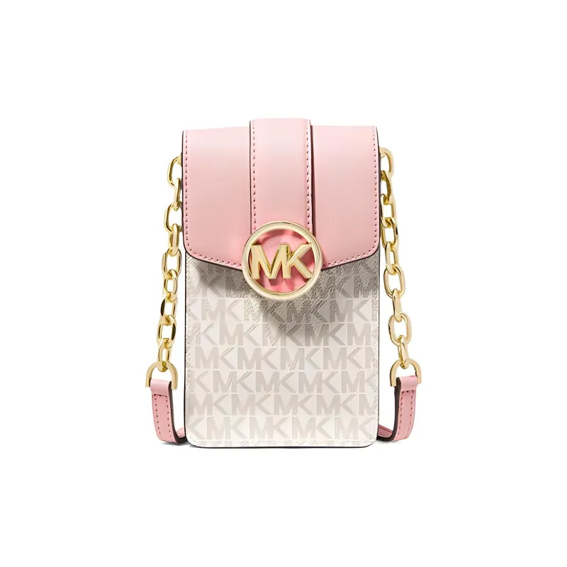 MICHAEL KORS Carmen Leather Card Holder Chain Bag With Cell Phone Pouch Women's Pink Vanilla White Multicolor-0