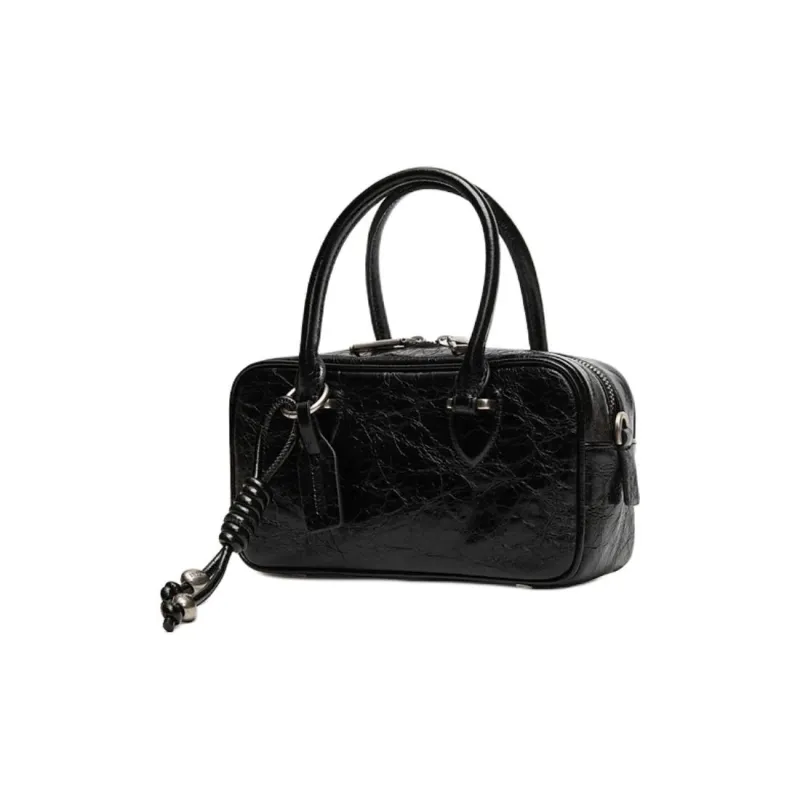 Staccato Cow Leather Small Square Bag, One Shoulder Handbag Medium Size Women's Black-1
