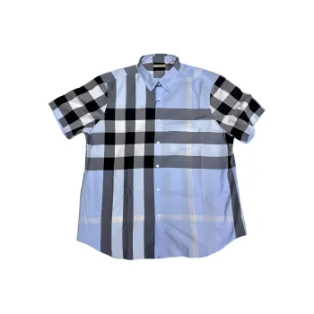 Burberry Check Print Single Breasted Point Collar Short Sleeve Shirt Blue