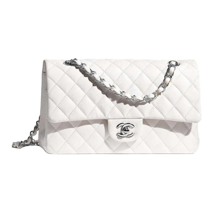 CHANEL Classic Flap CF Cow Leather Chain Bag, Crossbody Bag Women's White-0