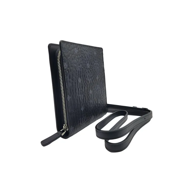 MCM Essential Visetos Origina Leather Shoulder Bag, Cell Phone Pouch, Crossbody Bag Men's Black Gray Monogram-1
