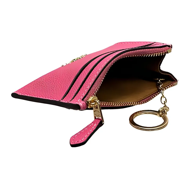 COACH Skinny Id Case Cross Grain Leather Key Ring Card Slot Coin Purse Card Holder Mini Women's Strawberry Red-4