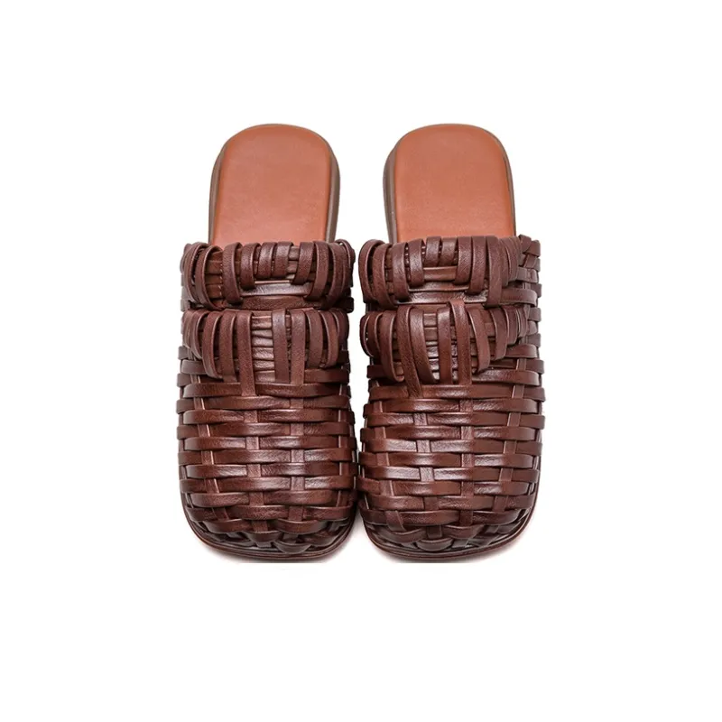 PLO CART Rubber Sole Stitching Leather Patchwork Cut Out Woven Wrap toe Slippers Women's-8