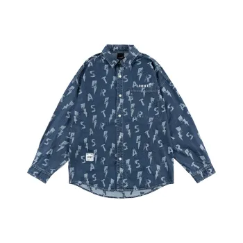 LOMBT Letter All Over Print Heavy Washed Denim Shirt Spring And Autumn Unisex Blue