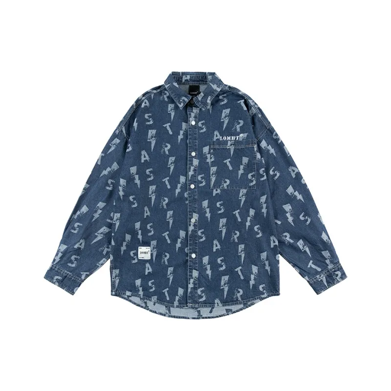 LOMBT Letter All Over Print Heavy Washed Denim Shirt Spring And Autumn Unisex Blue-0