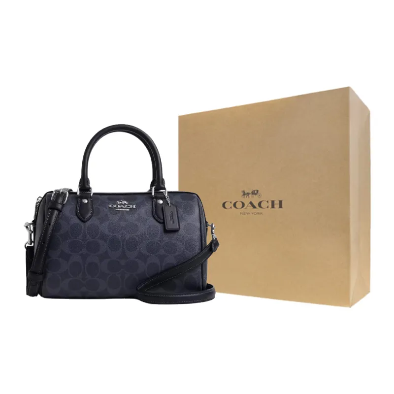 COACH Rowan Coated Canvas With Leather Shoulder Bag, Crossbody Bag, Handbag Medium Size Women's Midnight Marine Blue-6