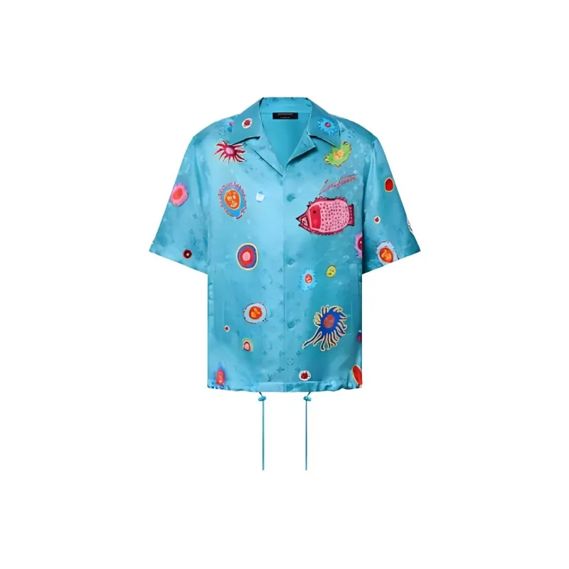 LOUIS VUITTON Pre Owned X Yayoi Kusama 2010 Monogram Face Shirt Short Sleeve Silk Turquoise Blue Multicolor 23AW-0