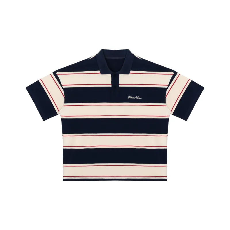 CLIMAX VISION Polo Shirts Unisex Navy Blue Beige Stripes-0