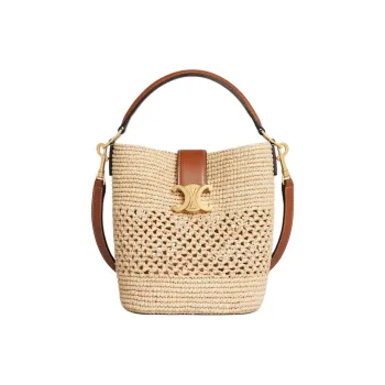 CELINE Raffia Bucket Bag, One Shoulder Handbag Small Size Women's Natural & Tan