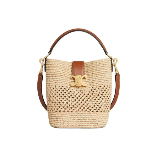CELINE Raffia Bucket Bag, One Shoulder Handbag Small Size Women's Natural & Tan
