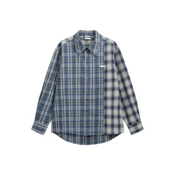 Silente Shirt Unisex Patchwork Gray Blue Plaid
