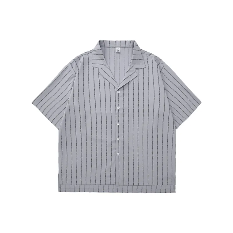 TESTUNG Cuban Collar Stripes Lightweight Draped Shirt Unisex-6