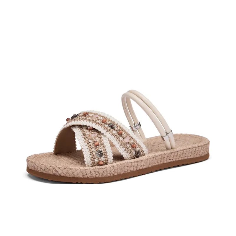 Hotwind Woven Slip Resistant Slide Slippers Women's Beige Apricot-1