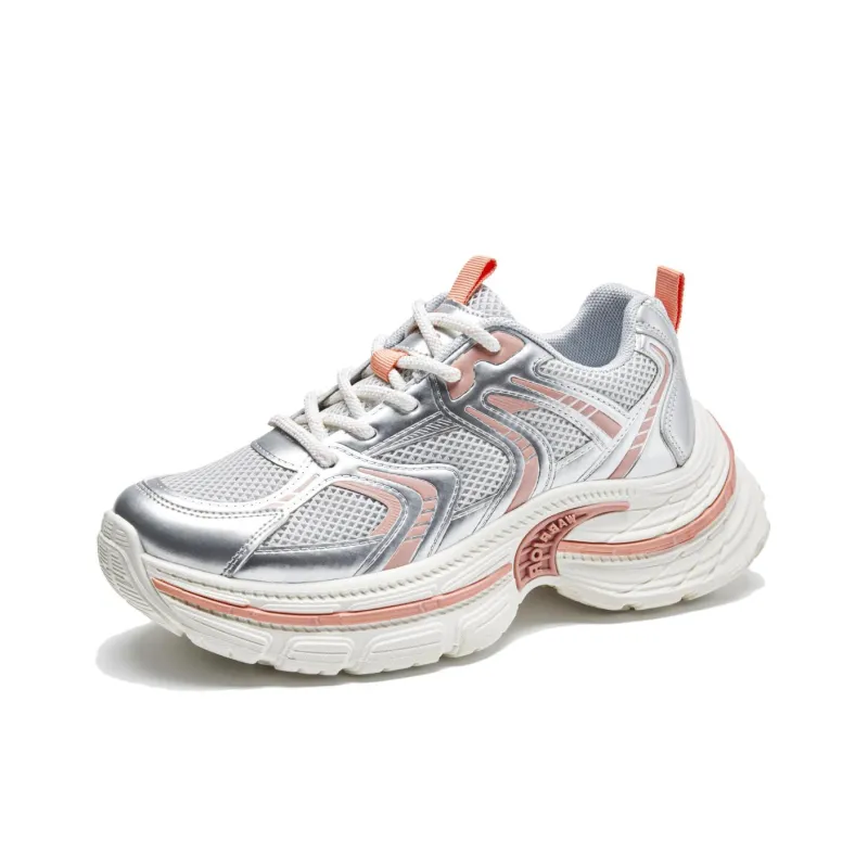 Warrior Anti Slip And Wear Resistant Height Increasing Low Top Chunky Sneakers Women's Silver Orange Pink-2
