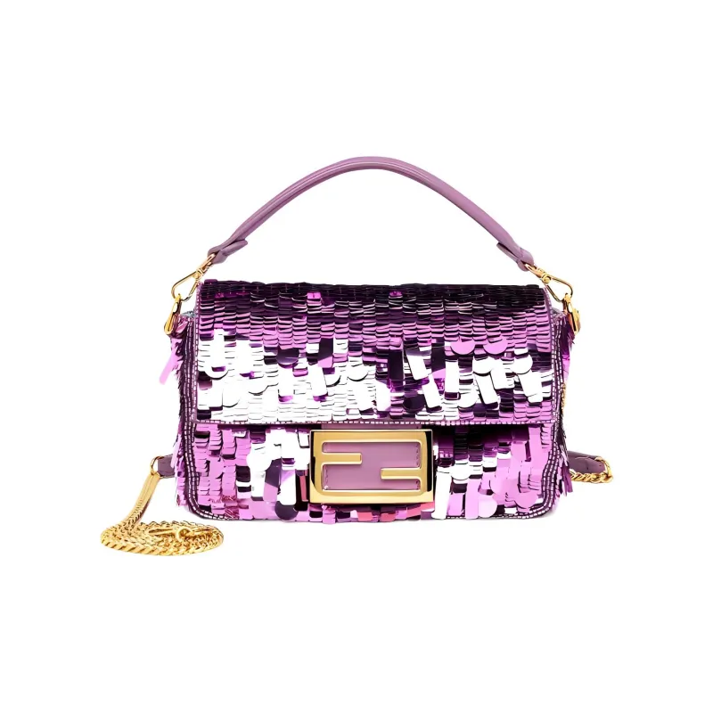 FENDI Baguette Fabric Cow Leather Patchwork Handbag Crossbody Bag Shoulder Bag Mini Women's Purple-1