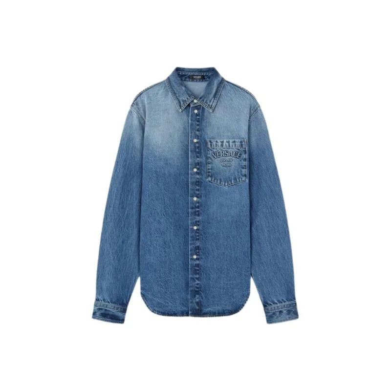 VERSACE Logo Embossed Button Up Denim Shirt-0
