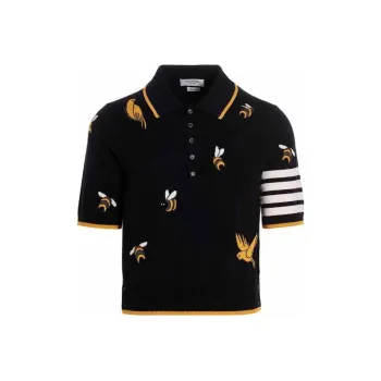 THOM BROWNE 4 Bar Birds Bee Intarsia Knitted Polo Shirt